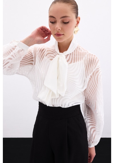 Sateen Fularlı Zebra Desenli Gömlek - Ekru-136000 Ekru