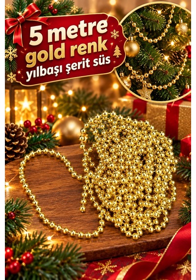 5 Metre Gold Şerit Toplu Yılbaşı Ağaç Süsü - Yılbaşı Dekor - Yılbaşı Süsleme Boncuk Şerit 6mm Diğer