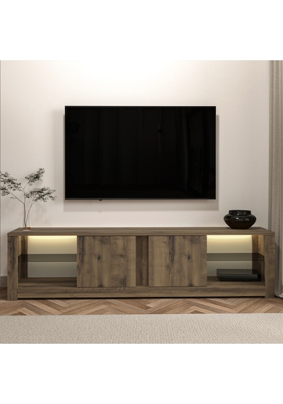 Aydos LED Işıklı Modern TV Sehpası – Cam Raflı, 2 Kapaklı, 180 cm, Antik Ceviz