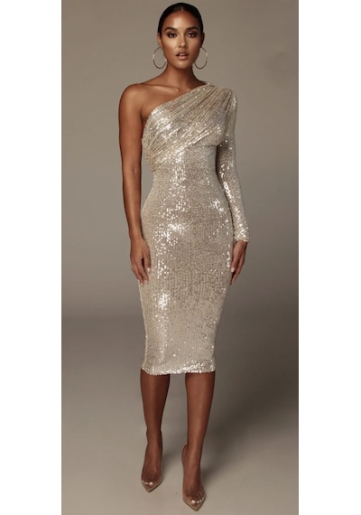 Hanife Glam Couture Hanife Glam Pulpayet Işlemeli Tek Kollu Midi Elbise Gümüş