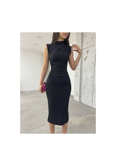 Unika Boutique Kadın Bel Ve Omuz Büzgü Detaylı Sıfır Kol Midi Elbise Siyah1