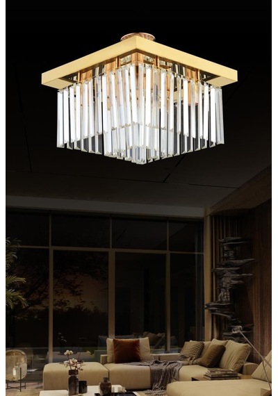 İstanbul Avize Yasemin 40 Cm Kare Gold Kristal Taşlı Avize Altın