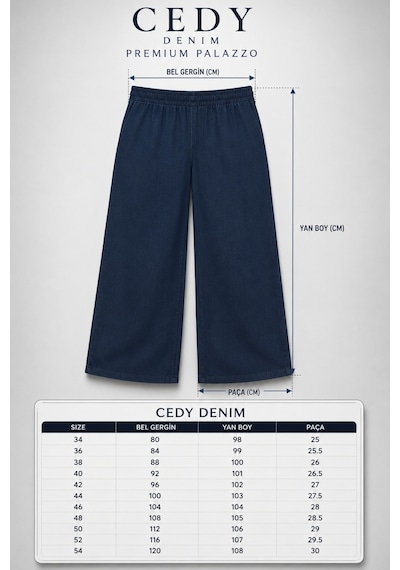 Cedy Denim Kadın Büyük Beden Yüksek Bel Palazzo Pantolon Yazlık İnce Kumaş Terletmez Likralı C633 Lacivert