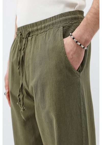 Vamos Bel Lastikli Baggy Fit Keten Pantolon Açık Haki