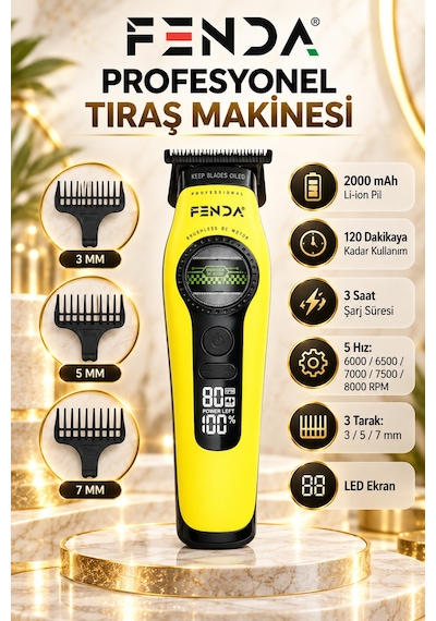 Fenda Profesyonel Bldc Motor 8000 Rpm 2'li Tıraş Makinesi Seti Sarı