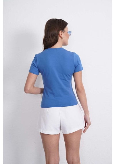 Crop Slim Fit Pamuk Likra Tişört-koyu Mavi Koyu Mavi