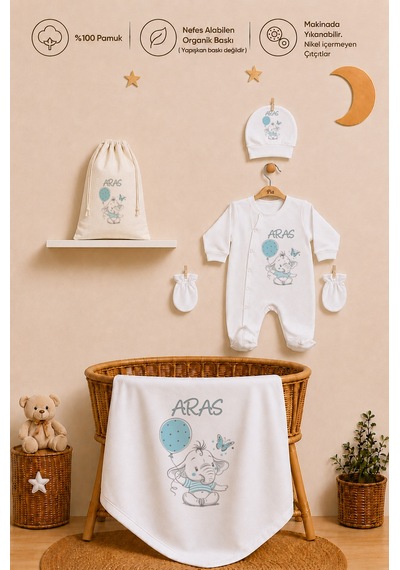 Pia Baby Erkek Bebek İsimli Hastane Çıkışı 6 Parça Tulum Şapka Eldiven %100 Pamuk Hediye Seti 2009tybk3x Krem
