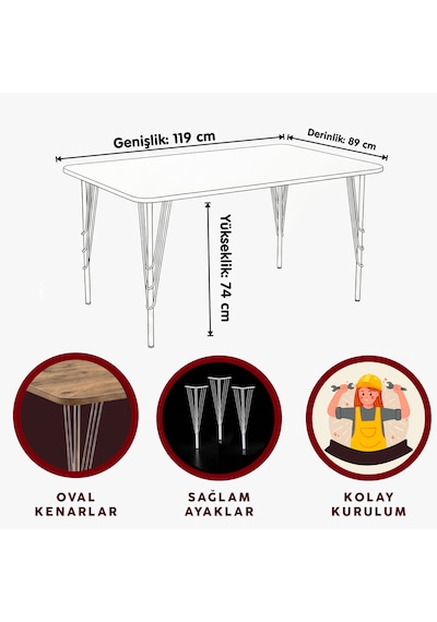 Modern Ahşap Desenli 6 Kişilik Yemek Masası 119x89 Cm Sabit Metal Ayaklı Sağlam Mutfak Masası, Çalışma Masası, Balkon Masası Atlantik - Çam