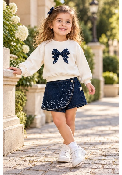 Beniizle Kız Çocuk Fiyonk Detaylı Sweatshirt Ve Taşlı Denim Şort Etek 2 Li Takım Beyaz
