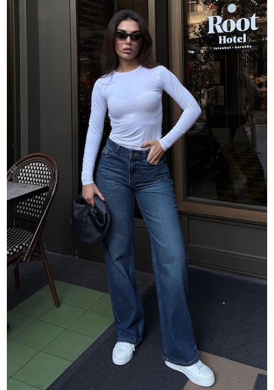 Mavi %100pamuklu Geniş Paça Kadın Wide Leg Jean Mg2623 Mavi