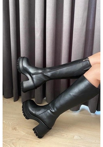 Asmi Shoes Kadın Fenni Siyah Deri 8 Cm Topuklu Yandan Fermuarlı Çizme Siyah Siyah