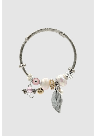 Charm Detaylı Yaprak Ve Fil Figürlü Silver Bijuteri Kelepçe Bileklik Gümüş