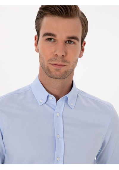 Cacharel Açık Mavi Slim Fit %100 Pamuk Yakası Düğmeli Oxford Gömlek Denım
