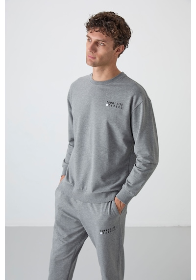 Tommy Life Gri Melanj Casual O Yaka Lastik Paça Pamuklu Erkek Oversize Eşofman Takımı - 85120 GRİ MELANJ