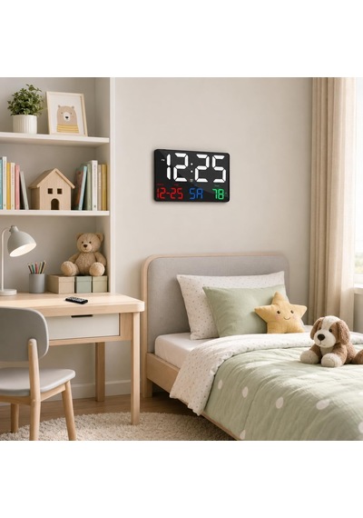 Renkli Led Dijital Duvar Saati 25x16 Cm Büyük Ekran, Siyah Diğer