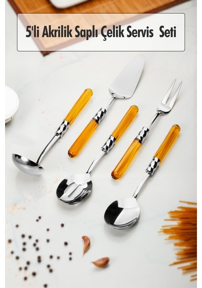 5 Parça Platin Servis Seti & Servis Sunum Seti Amber Kepçe / Kevgir / Sıpatula / Çatal / Kaşık Sarı