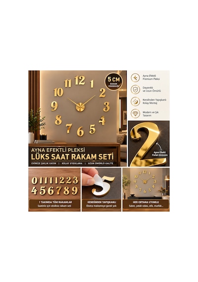 Lüks Saat Rakam Seti Gold, Gümüş Pleksi & Ahşap Modellere Özel - 3 Cm Ve 5 Cm Kendin Yap Saat Rakamları 6'lı Set