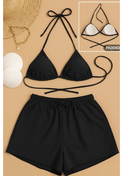 Kadın 3'lü Set Siyah Şortlu Ve Yandan Bağlamalı Bikini Mayo Takımı