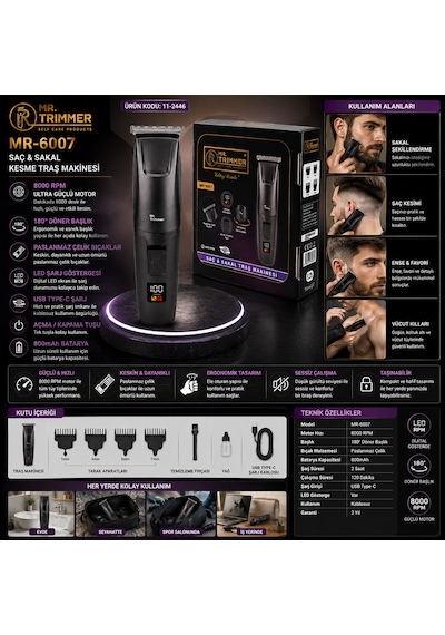 Saç Sakal Kesme Traş Makinesi Şarjlı Dijital Göstergeli 180 Döner Başlık 3-6-9-12mm Tarak Mr-6007 1 - 2 Saat