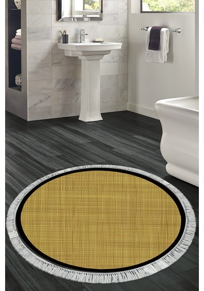 Kaymaz Taban Djt Banyo Mutfak Salon Halı Star Pamuk Saçaklı Yuvarlak Dokuma Desen E5007 Altın Sarısı