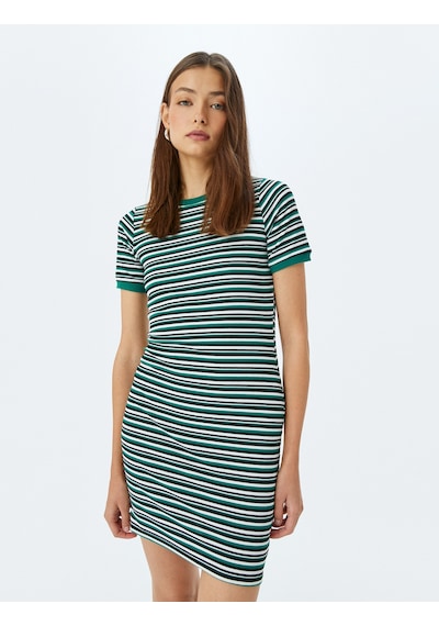 Koton Bisiklet Yaka Kısa Kollu Fitilli Mini Bodycon Elbise Yeşil Çizgili 5sal80042ık Yeşil Çizgili Yeşil