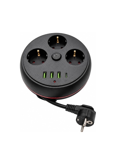 Coverzone Askılı Model Akım Korumalı Makaralı Priz, 190cm Kablo, 3 Prizli 3 Usb 1 Type-c 16a 4000w Termal Ve Kısa Devre Korumalı 100-250v Çoklu Priz Kablo Sarıcılı Priz Model 3395 Siyah