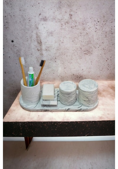 Marble Banyo Seti,tepsi,dis Fırçalık, Pamukluk,sabunluk Seti Beton Takim Gri