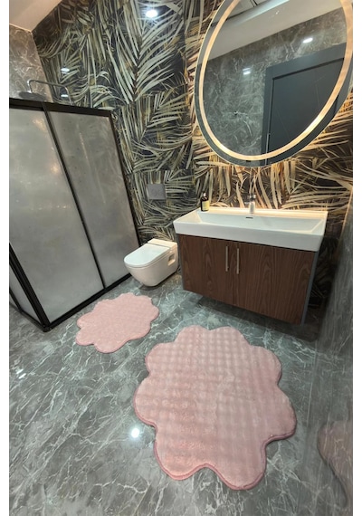 Villadia Home Textile Bubble Papatya Set Banyo Paspası 2'li Set Pofuduk Yumuşak Peluş Kaymaz Taban Yıkanabilir Dekoratif Banyo Halısı Paspası Pembe
