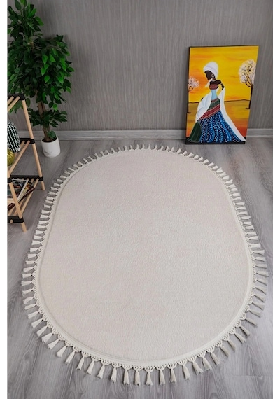 Krem Fluffy Oval Düğüm Saçaklı Post Peluş Halı Kaymaz Taban