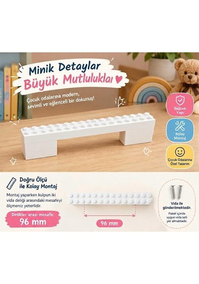 Beyaz Blok Çocuk Mobilyası Çekmece Ve Dolap Kulpu 96mm Vida İle Gönderilmektedir