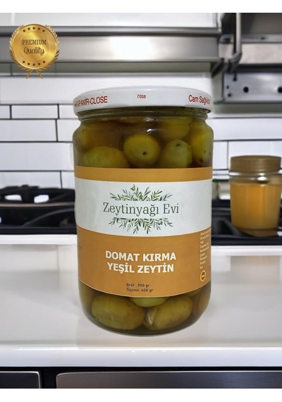 Yöresel Doğal Tatlandırma El Kırması Domat Sofralık Yeşil Zeytin İri Kalibre Cam Kavanoz 900 Gram