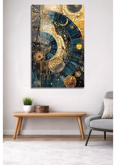 Astronomi Ve Zaman Altın Mavi Kozmik Cam Tablo Modern Sanat Tablosu Uv Baskılı Canlı Renkler Yatak Odası Ve Antre Anlamlı Hediye Seçeneği