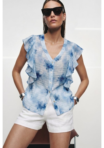 Sateen Fırfır Detaylı Gömlek - Mavi-137363