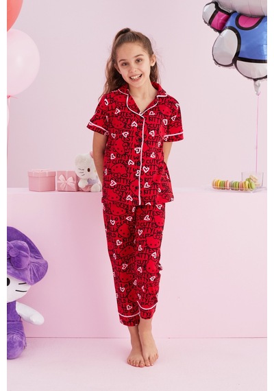 Siyah İnci Lisanslı %100 Pamuk Çok Renkli Düğmeli Biyeli Pijama Takım Hk058 Kırmızı