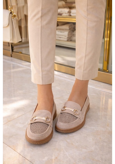 Modaonn Kadın Süet Tokalı Loafer Vizon