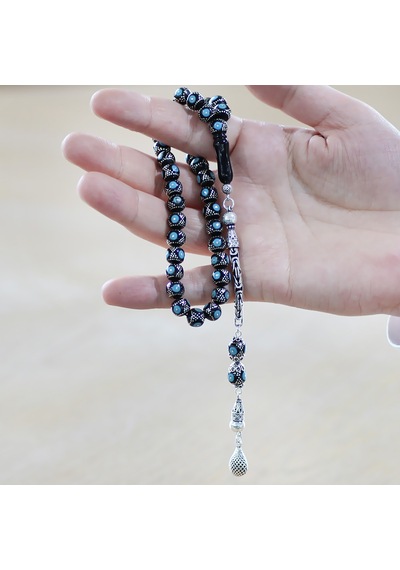 925 Ayar Gümüş Kral Zincir Püsküllü Gümüş-firuze İşleme Küre Kesim Erzurum Oltu Taşı Tesbih Mavi - Siyah