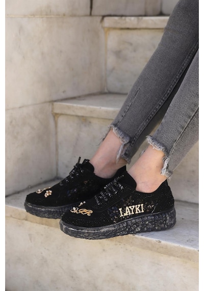 Astra Taşlı Desenli Şeffaf Taban Siyah Renkli Kadın Sneaker-siyah Siyah