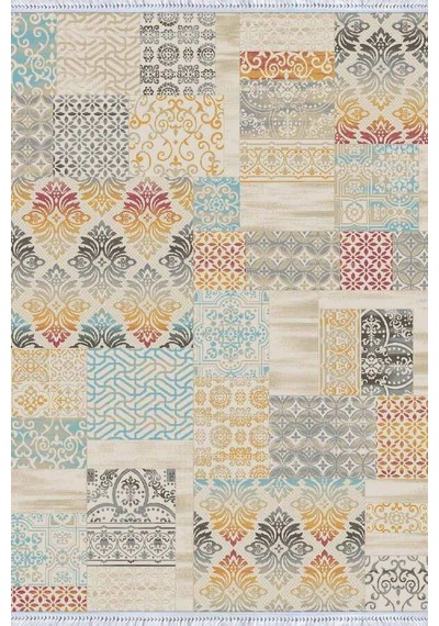 Sarı Patchwork Dokuma Pamuk Taban Kaymaz Kilim Klm054n11