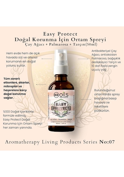 Kaoils Easy Protect Doğal Ortam Spreyi 50 Ml - Sivrisinek, Kene, Akar Ve Haşerelere Karşı Doğal Koruma / 100% Pure Essential Oil Blends / Palmarosa, Tarçın, Çay Ağacı