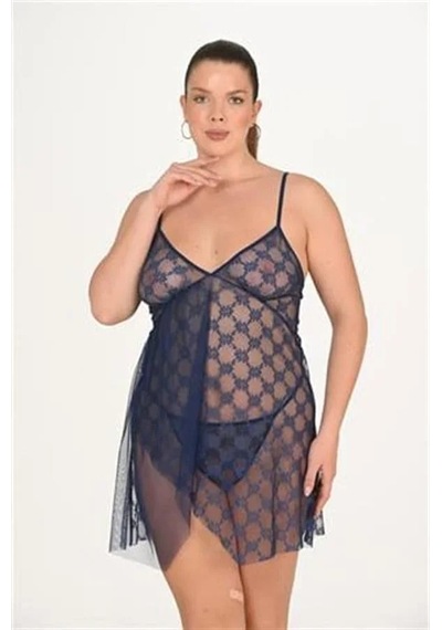 Ang Butik Kadın Büyük Beden Lacivert Dantel İşlemeli Tül Gecelik