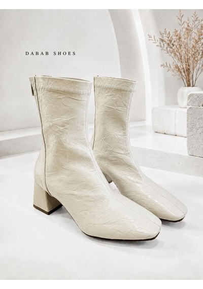 Dabab Shoes Janıce Kadın Bej Küt Kare Burun Kırışık Desenli Rugan Streç Arkadan Fermuarlı 6 Cm Kalın Topuklu Bot Bootie