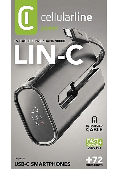 Cellularline LCD Ekranlı Entegre Type-C Kablolu Input + Output 10.000 Mah Powerbank