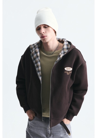 Vamos Boxy Fit Fermuarlı Kapüşonlu Sweatshirt V70-245 Kahve