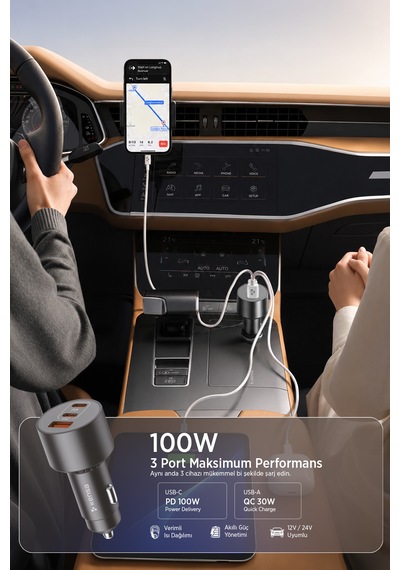 100w Araç Hızlı Şarj Aleti 2 Usb-c + Qc Usb Girişi Tüm Araçlar Uyumlu Şarj 100w Silver