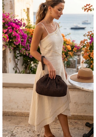 Vivazzaluxe Vintage Model Örme Hasır Kadın Portföy Clutch Çanta Acı Kahverengi