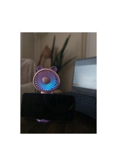 Led Işıklı Şarjlı Mini Vantilatör Telefon Standlı Usb Masaüstü Ve El Tipi Taşınabilir Fan Mor