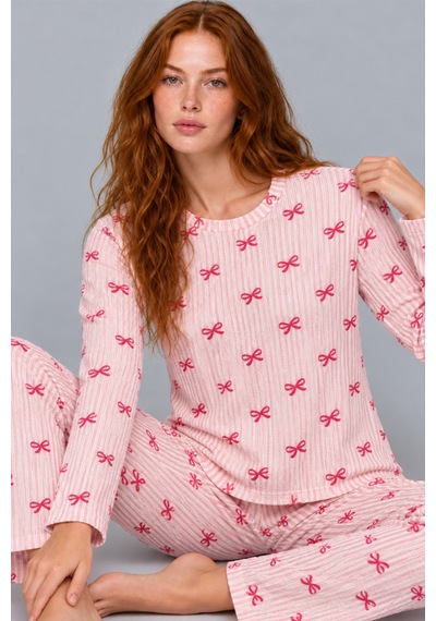 Kadın Çizgili Rahat Kalıp İkili Açık Pembe Pijama Takımı 4805