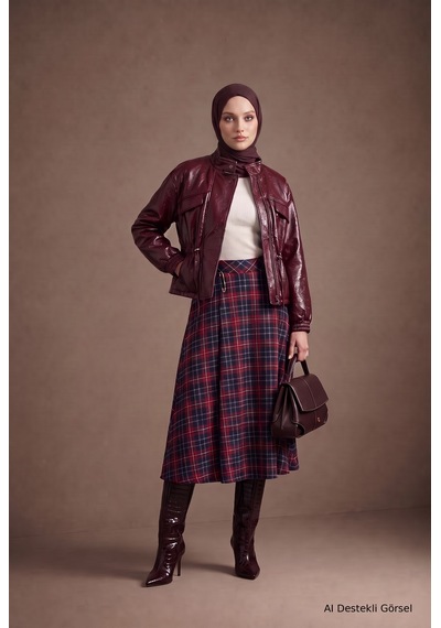 Avenna Yüksek Bel Ekose Desenli Uzun Etek 92 Cm Boy Bordo 26kt112