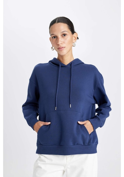 DeFacto Relax Fit Kapüşonlu Kanguru Cepli Kalın Basic Düz Sweatshirt W1240AZ24WNNV42 Lacivert