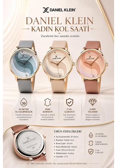 Daniel Klein Deri Kordonlu 2 Yıl Garantili 3 Atm Suya Dayanıklı Kadın Kol Saati+bileklik Bd.12559.x2 Sarı